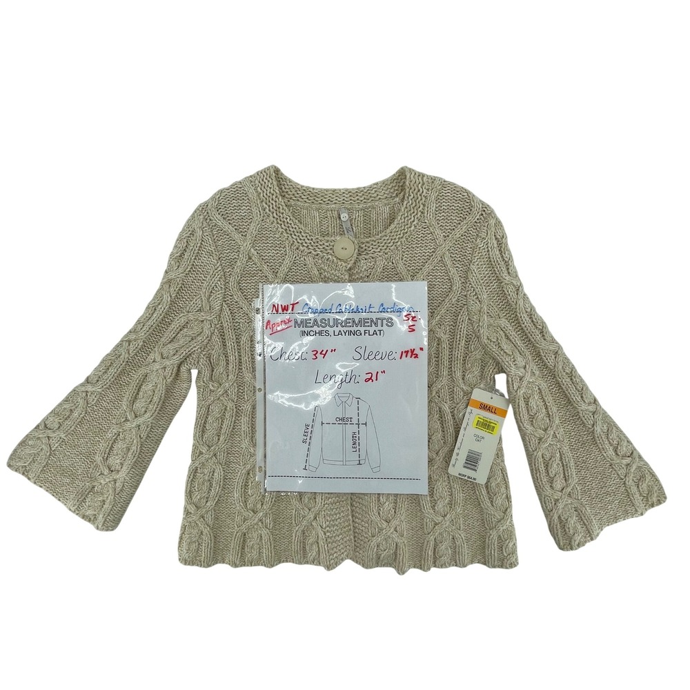 NWT Womens Cable Knit Cropped Cardigan Sweater Sz Small Oat Beige Chunky Neutral - Picture 10 of 10